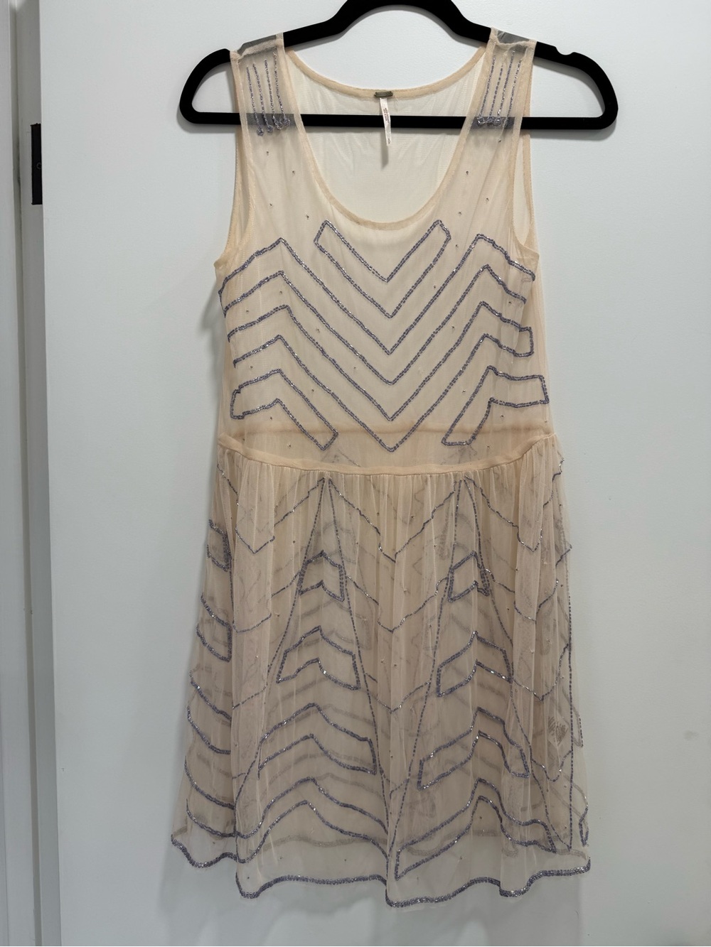 Sleeveless Beige Mesh Dress with Beaded Chevron Detail